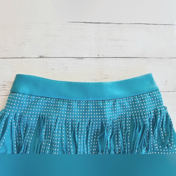 Sincerely Jules Turquoise Blue Faux Leather Studded Suede Fringe Western Skirt - Picture 5 of 10